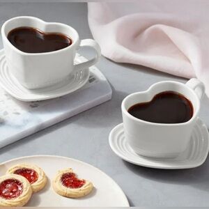 2 Le Creuset White Heart cups and saucers mug 6.7 oz